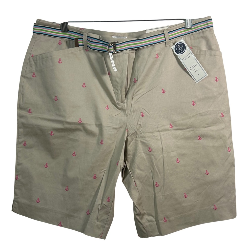Charter Club Womens 18 Sand Beige Pink Anchor Embroidered Belted‎ Shorts